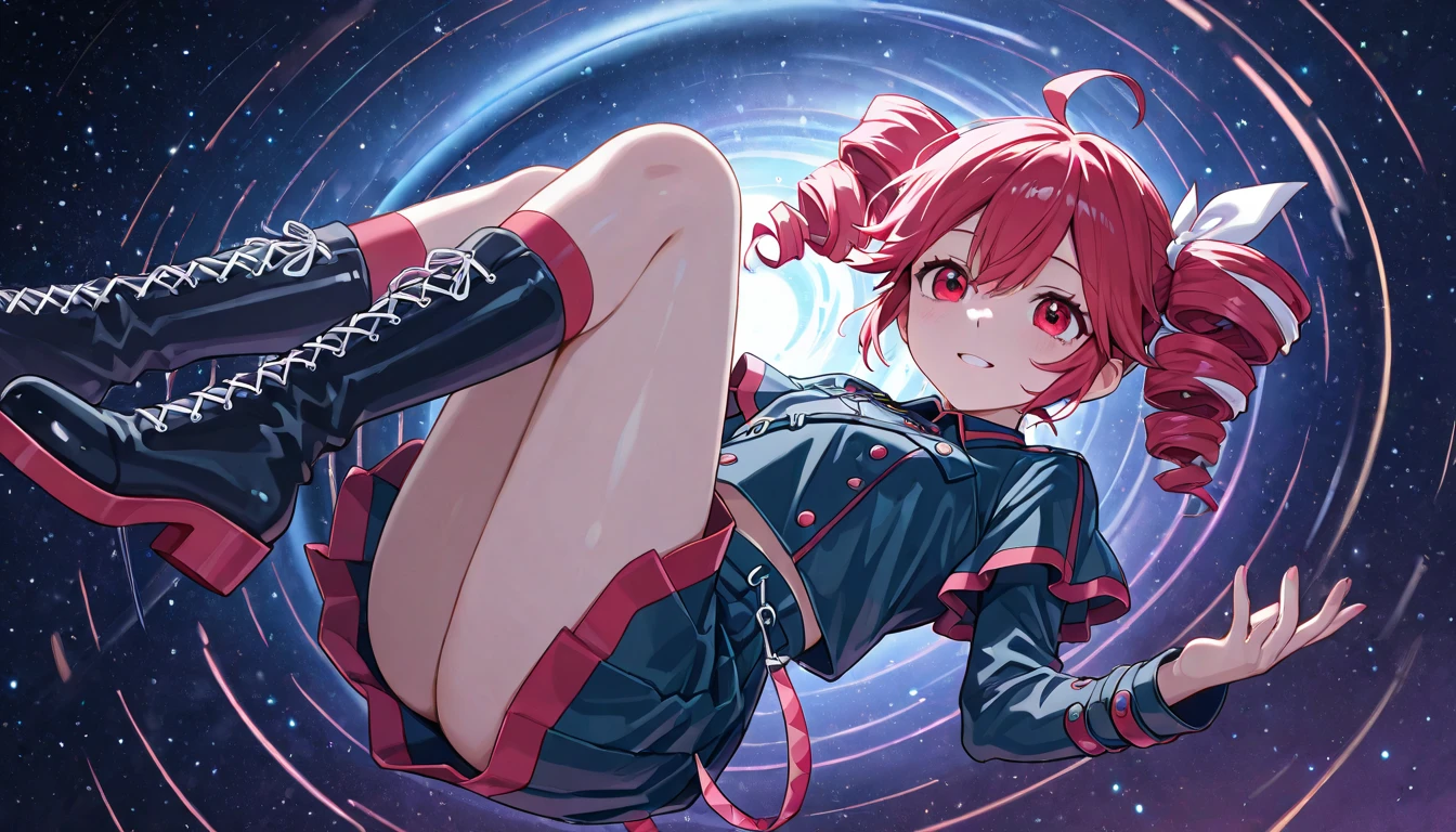 anime girl,serious face full height sitting on a red couch,white hair, red eye,white shirt,black jacket, denim short shorts, black boots floating in a cosmic nebula,floating in the cosmos nebula, floating in a nebula, girl in space, floating in outer space, soda themed girl, floating in space