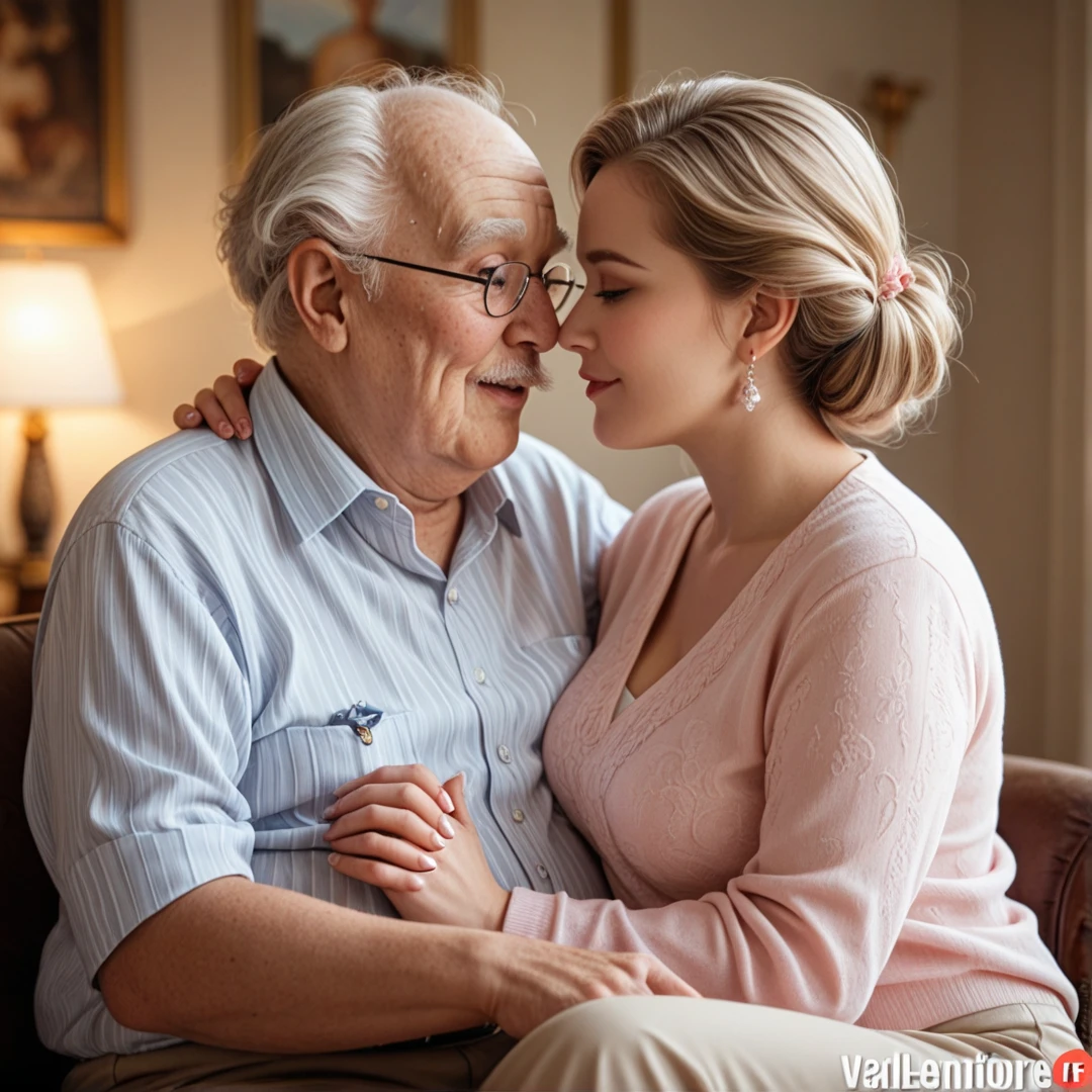 in a romantic setting, Draw an elderly couple holding hands, sentados em um banco de parque. They have deep wrinkles on their face, mas os olhos deles ainda brilham com amor. Ao fundo, Put on a golden sunset and a leafy tree with pink flowers. Isso simboliza a ideia de que o amor entre casais pode resistir ao teste do tempo e florescer ainda mais com os anos.