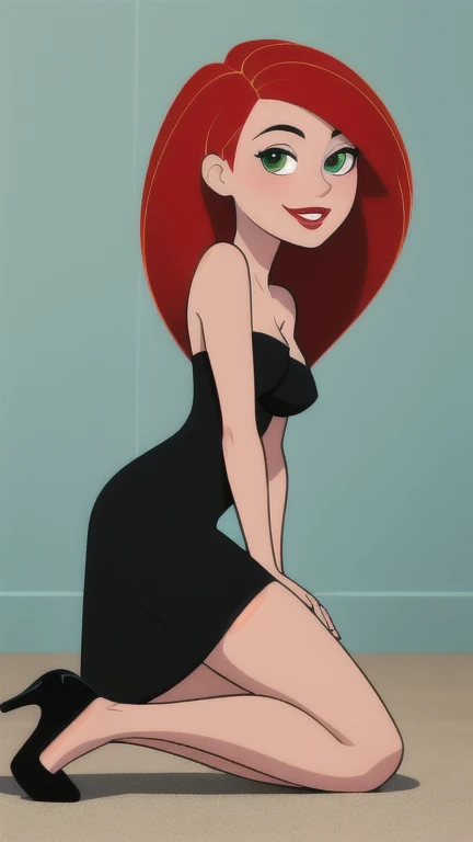 dbv1, orange long hair, black hairband, black choker arround neck, no back black dress, short strapless dress, naked shoulders, medium Breasts hanging, purple eyes, 1girl, full body shot, long legs, black platform sandals high heels, all fours, amarrada de manos y tobillos al piso,  gateando, sobre un charco de orina, orinando,  orina escurriendo por los muslos, chorro abundante de orina, apenada, expresión facial de pena, lamiendo del piso, SIDE shot, full body  shot, smile, looking at viewer, city , 