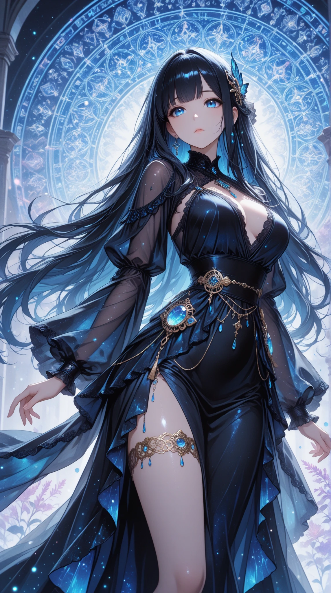 A masterpiece, very detailed, ultra-detailed, one (1 woman), she is in a long black dress with red details, with a slit on her legs, in her dragon hands she holds a long black wooden staff. Her crown is made of black twigs, and decorated with a light blue gemstone, long hair, black hair, beautiful, charming, in the eyes of a golden magic circle that rotate clockwise), elegant, She has a soft and lush body, huge breasts (big), serious face, charming, she stands against the background of magical circles.