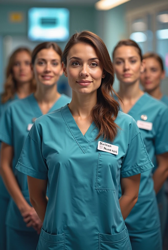 Ultra realistic, Cinematic, team of 3 surgical nurses, 3 hungarian teeanger girls, all girls standing, working in surgery, 17 years old,  body, pale skin, beautiful face, big smile, detailed face, ultra soft and ultra light slight small teal women hospital scrubs, teal hospital scrubs, wide angle showing full body,  hospital ward, people, bokeh