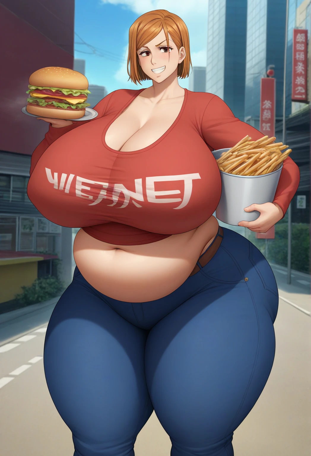(a brown-haired, 190 kg fat) girl eating fast food