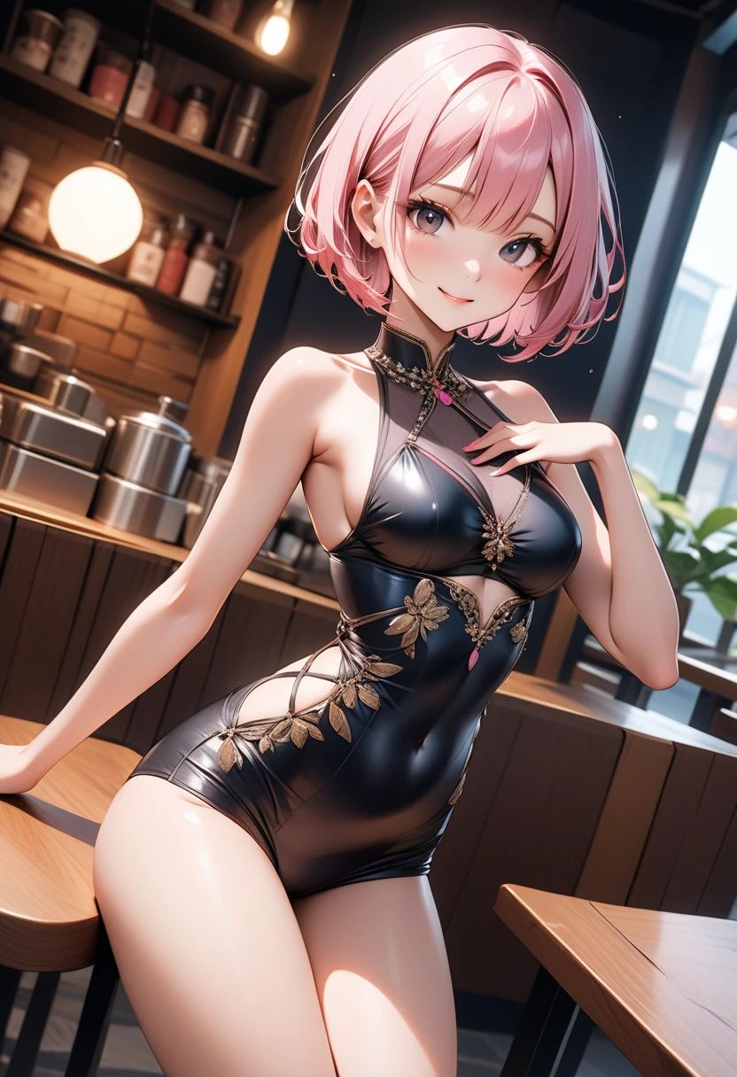 ((Anatomically correct hand:1.5)), Anime, Sexy, ((In Kyoto Animation Style:1.5)), super precision, masterpiece, very extremely beautiful, Princess Face, ((1人の女性)), ((Solo:1.5)), ((Pink hair:1.5)), ((BobKat 1.5)), BREAK, ((Black eyes)), short-cut, ((Straight hair)), BREAK, Full limbs,((complete fingers:1.5)), NSFW, (sexy dress:1.5)), BREAK, ((Skindentation:1.5)), Professional Lighting, (25-years old), Narrow waist, Shiny skin (Brown skin), ((Oiled skin)), glistning skin, Looking at Viewer, Cowboy Shot, ((Dynamic Pose:1.5)), Looking at the camera, inside in room, A slight smil, Slightly open mouth, ((Cute)), ((squatt)), Ultra-fine eyes, Ultra-fine face, ((thin lips:1.5)), ((drooping eyes)), A slight smil, ((portlate:1.5)), faces, Looking at the camera, Colossal tits, ((Shunguang)), ((frombelow)), ((Legs open)), ((Thin pantyhose in black)),