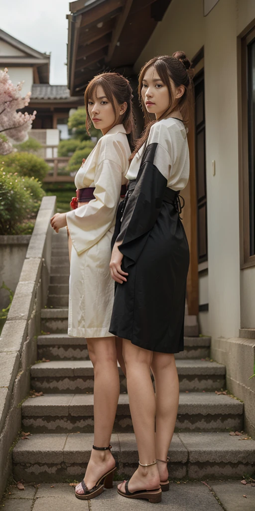 ((masterpiece,best quality)),2girls, black kimono, black legwear, black ribbon, black hair, cherry blossoms, day, flower, hair bun, hair ribbon, japanese clothes, kimono, long hair, looking at viewer, looking back, multiple girls, obi, outdoors, red eyes, red hair, ribbon, sandals, single hair bun, stairs, standing, statue, torii, tree, white kimono, yellow eyes