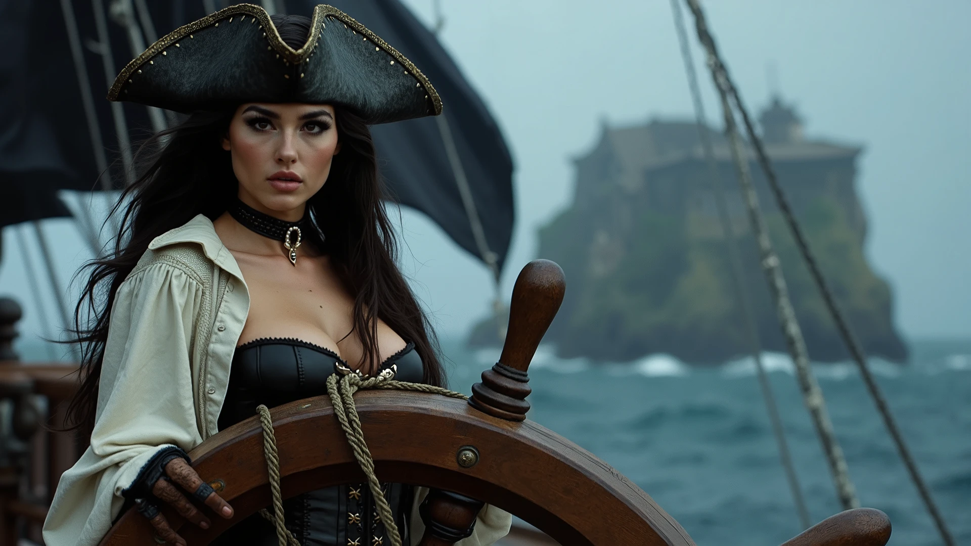 A strikingly beautiful female pirate captain commands her massive ship, her hand firmly gripping the large wooden pirate rudder. Her long, wavy hair flows freely beneath a worn but ornate tricorn hat adorned with silver accents. Her piercing eyes, sharp and focused, gaze directly at the camera with a mix of seriousness and subtle seduction, as though she’s plotting her next daring move. Her attire strikes a balance between ruggedness and allure: a fitted leather corset over a loose, billowy white shirt, with tight black trousers tucked into high, weathered boots. A polished pirate cutlass hangs from her hip, its intricate hilt wrapped in dark leather, gleaming in the dim light. In her other hand, she holds a flintlock pistol—its barrel ornately engraved with gold detailing, emphasizing her status as a seasoned and formidable captain. The ship, with black flags billowing in the wind, leaves behind a mist-shrouded island, heading towards the dark, foreboding ocean. The scene crackles with tense energy—the waves crash against the hull, but the pirate’s calm, confident stance and the hopeful glint in her eyes suggest that she’s destined for success in her next great endeavor.