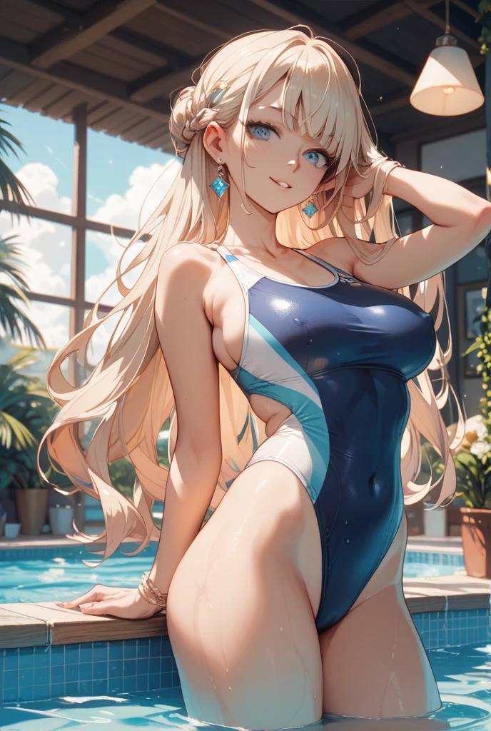 ((Best Quality)), (ultra-detailliert), ((Extremely detailed)), (Beautiful), ((Kawaii Girl)), ((UHD)), (masterpiece), (high quality), (best quality), (4K), (high quality), 1, solo woman, 1woman, ((platinum blond hair)), parted bangs, ((hair intakes)), long hair, (hair two side up long), ((jade colored eyes)), slanted eyes, large breasts, slender body, competition swimsuit, Pool Background, (blue sky:1.3), solar, sunlight, anime style,