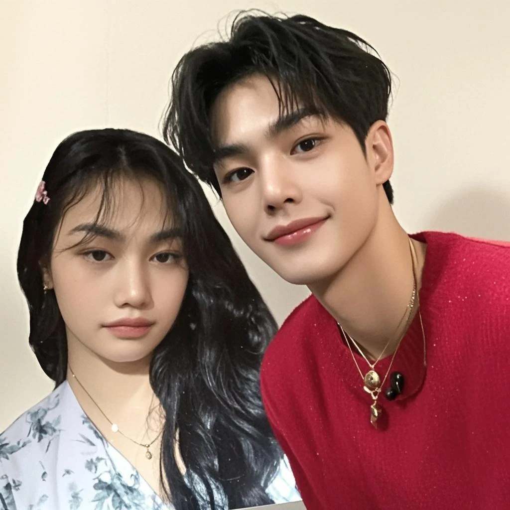 There is a man and a woman posing together for a photo in the penultimate seats of a bus, each holding a heart-shaped lollipop and putting them together by the ends., Lee jeno, kim minju hermosa!, pareja adorable, selfie enamorado