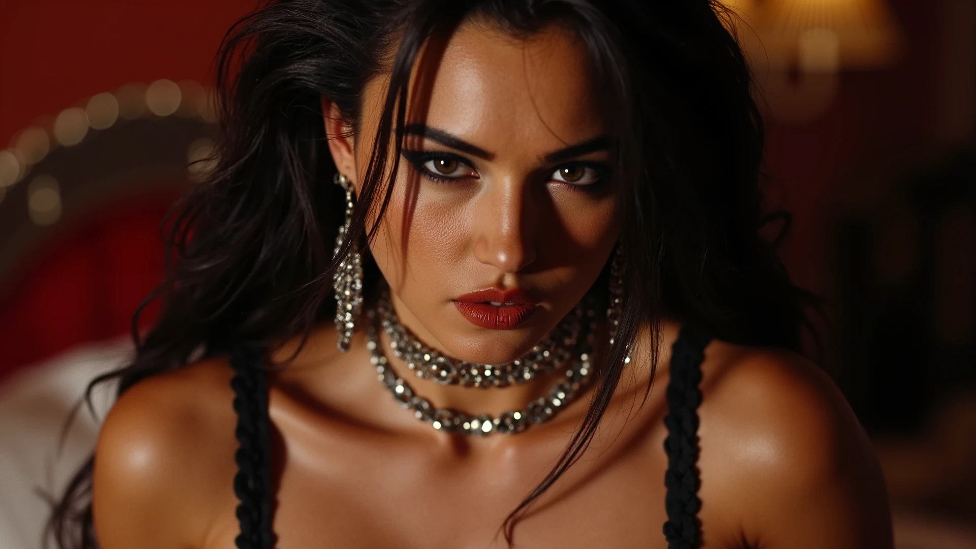 sexy woman, black braided hair, black t-shirt, eyes closed, glossy pink lips parted in a kiss, flawless glowing skin, long beautiful neck,perfect hand, low cut neckline, detailed face and features, extremely beautiful, medium shot, thigh high, divine proportions, ultrarealistic, bold and cute.