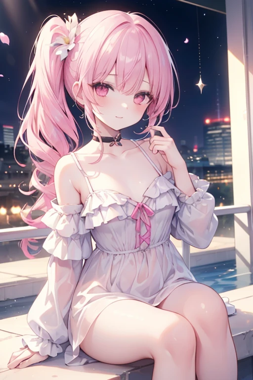 (8K、best image quality、highest quality、masterpiece)、detailed face、1 girl、pink haired、short hair、dull bangs,、twin tails、wavy hair、black eye、earrings、grin、Moderate chest、pink frilly clothes、off shoulder、black ribbon、black pleated skirt、mini skirt、white socks、leather shoes、thick bottom、squat、put your hand on your face、((pink panties))、shot from below、night downtown background、thin line、Detailed lace lingerie、lewd