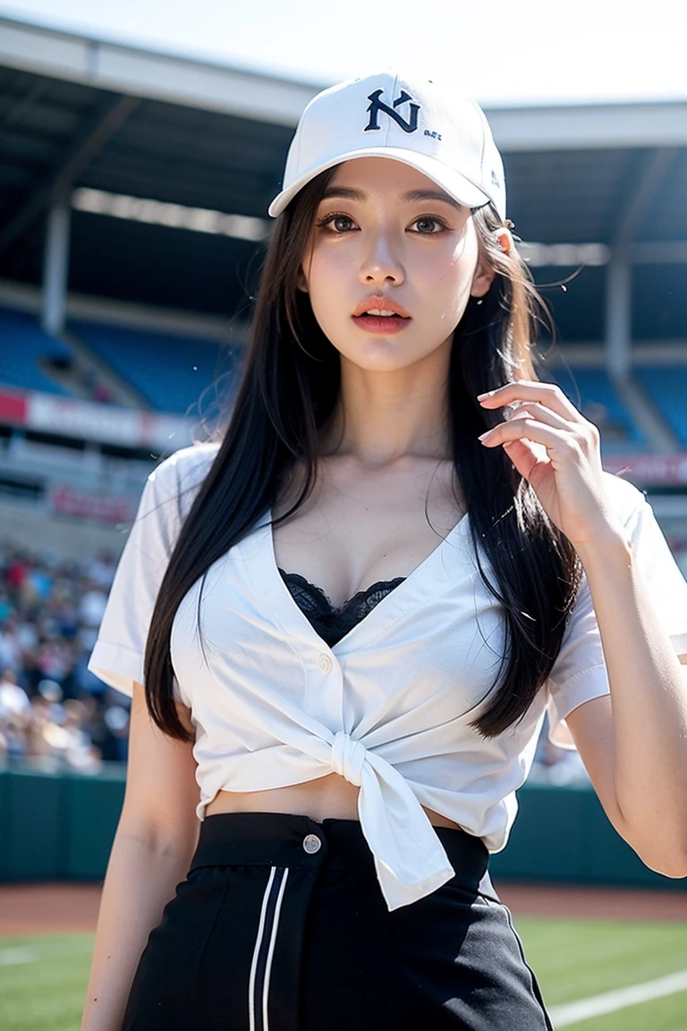 realistic, Highly Detailed CG Integrated 8 thousand Dendenden Wallpapers, Detail, High quality RAW color photos, professional photography, (8 thousand, RAW photos, best quality), (realistic: 1.37), transcendent beauty, 어린 and cute, indian woman, glowing skin, big bust, half exposed chest, (cleavage of breasts:1.2), (fair face:1.2), (long hair blowing in the wind:1.2), huge baseball field, Pitcher, verse, 야구 verse, Baseball cap, Baseball Uniforms, 타이트한 Baseball Uniforms, wearing baseball gloves, Stretch one leg upwards, v-neck open, night, Nighttime, Nighttime verse, night 하늘,
