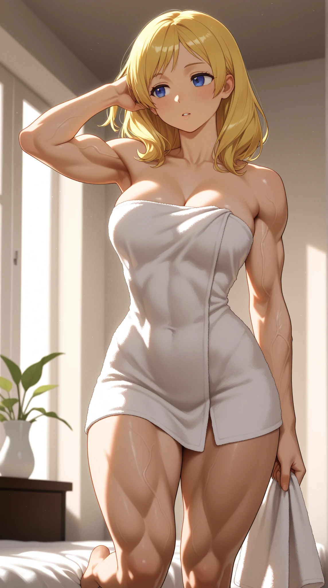 Ciri, the Witcher, platinum blonde hair, naked, partially nude, Sexy pose, ((thin sheer see through backlit short babydoll)), smile, interior castle bedroom