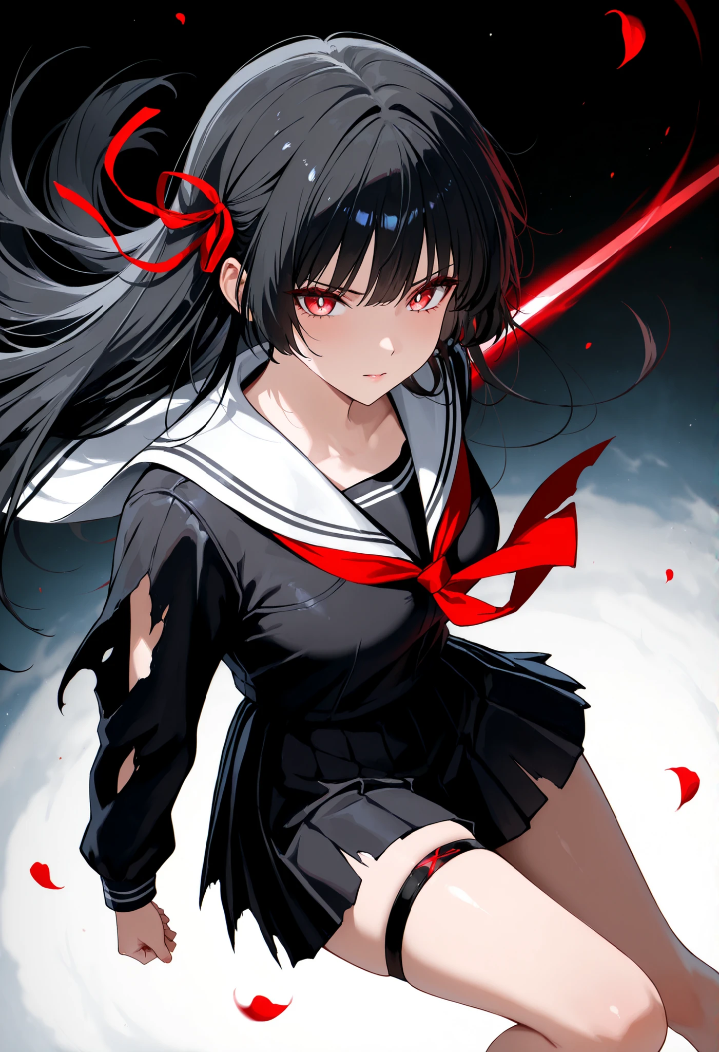  ((SOLO))high dynamic angle, anime-style illustration features a young woman,  Her expression is focused and intense, highlighted by striking red eyes and dark hair that flows around her face. She is adorned in a black and red outfit, with the top artistically designed to appear tattered, giving an impression of battle readiness or recent combat. The skirt is pleated, maintaining a traditional schoolgirl aesthetic often seen in anime.  The background is stark white, which emphasizes the vivid red and black color palette of the character, adding a sense of isolation and intensity to the scene there are rose petals flying. The overall mood is one of fierce determination and readiness, capturing a moment of poised suspense and action. (chisa, red eyes, black hair, long hair, hair ribbon, red ribbon, ((black colored school uniform)), serafuku, sailor collar, torn clothes, thigh strap)

