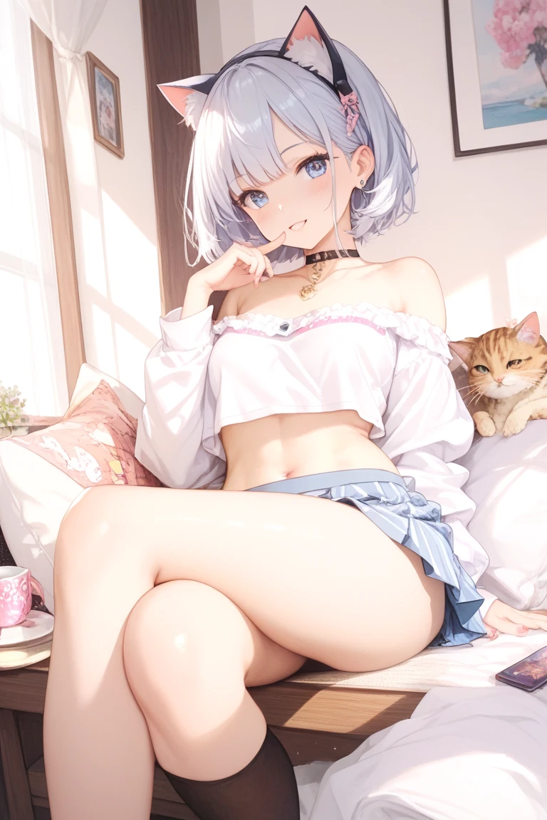 white cat years,white short hair,break blue pajama,blassire,break on bed,background,detailed background,beautiful background,morning,break masterpiece,best quality,super detailed,super fine illustration,8k,beautiful detailed,
