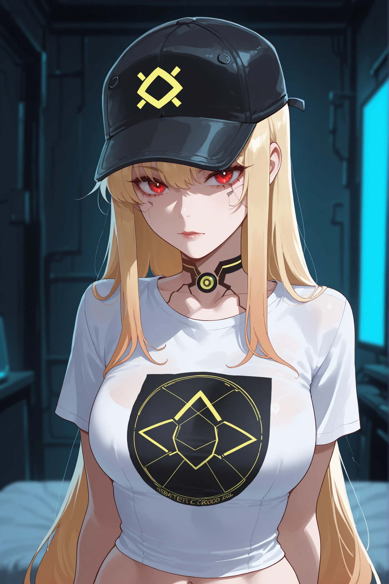 cyberpunk skinny sexy blonde tatooed cap white t shirt hacker girl in dark room cracking code
