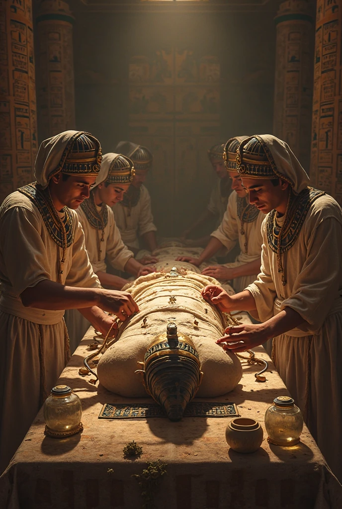 Soldiers from some Egyptian state are taking away a very old mummy  and took it and kept it in a old laboratory room 