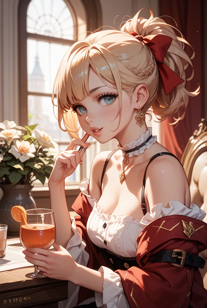 Realistic photos, Focus distance 10mm, Red and white, A big smile, Curly blonde hair, Beautiful girl, Realistic photos, Focus distance 10mmで撮影, masterpiece, 最high quality, high quality, Very detailed CG 8k wallpaper unit, Award-winning photography, Bokeh, Depth of written boundary, High resolution, bloom, chromatic aberration, Realistic, Very detailed, Art Station Trends, CGsociety Trends, Complex, High detail, dramatic, Art on the go, volumetric lighting, In a luxurious tea room、A beautiful girl elegantly enjoying tea。She is dressed like a lady、The surrounding atmosphere is also luxurious.