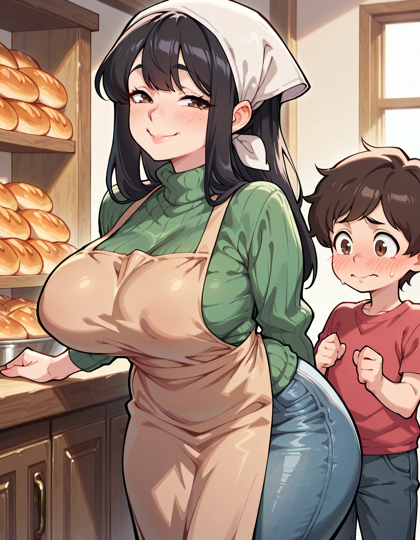 (highest quality:1.2),(Perfect beautiful face:1.2),(Perfect and beautiful posture:1.2),(Two extremely sweaty moms hugging each other,((Sweaty body:1.2), (Thick eyebrows:1.0),(Chubby:0.8), (Wearing a sweaty apron, (sweat stain:1.3)), The smell of sweat drifts, Beautiful dark eyes, Cheek rubbing, smile, (mature female), In a slimy cave full of slime