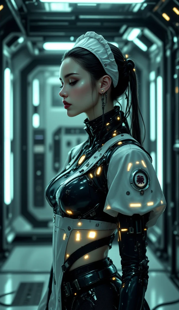 Hyper photo realistic perfect mechanical, hyper realistic human face, thin curved black eyebrows, long luscious eyelashes, black eyeliner, bark black eye shadow, color perfect makeup, dark lipstick, long luscious wavy hair, bio mechanical arm's, bio mechanical body, show cleavage, large breast, bio mechanical legs, terminator theme background sunrise,