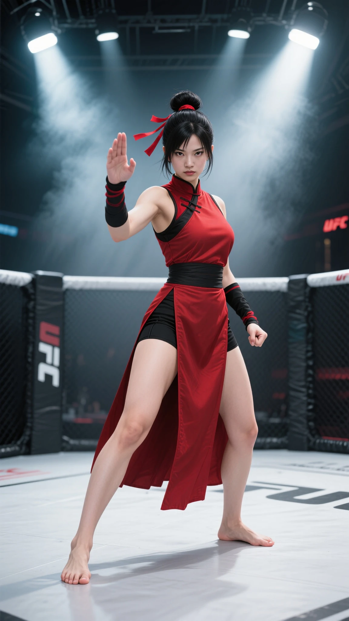 8K, Indonesian girl,cute innocent face,ponyTail,dark brown hair,sexy red silat suit,cleavage,small breast,high quality silat、Dynamic Actions、fighting pose、dynamic background for sports poster, teenage face,Look at viewers,