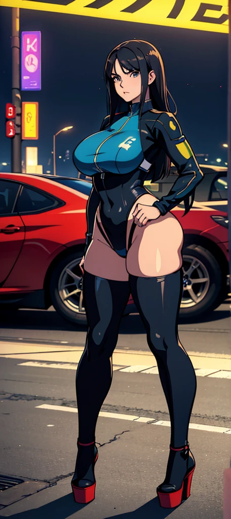 1lady solo, (looking back) (from behind:1.2), (bent over), /(grid girl/) /(blue costume with logo/), tight skirt, mature female, /(black hair/) bangs, kind smile, (masterpiece best quality high resolution 8k), delicate illustration, edge color lighting, pretty face, thigh boots BREAK (standing next to the latest model car) BREAK (motor show indoors), audience, detailed background, (gigantic breasts:1.3), curvy body, sfw, 1990's anime cels style,