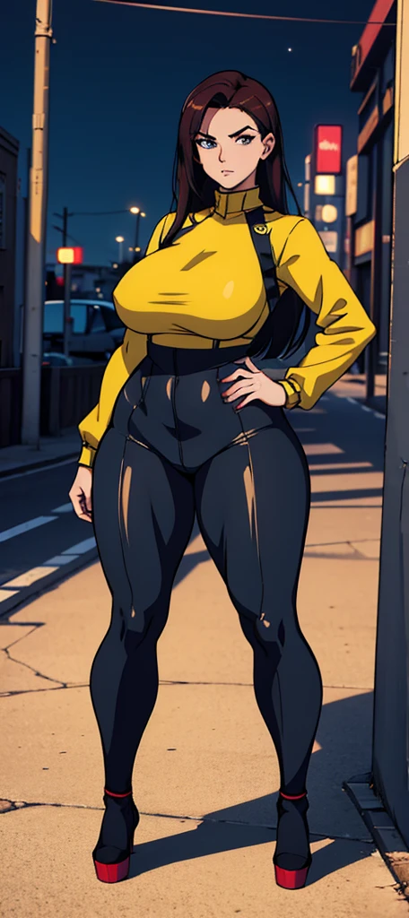 huge muscles breasts thick thick thick thick thick thick thick pale skin black hair yellow eyes depressed female tight shirt and leggings long sleeve