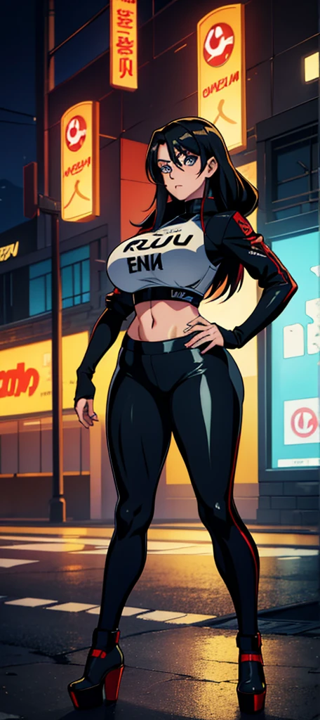 solo standing skintight ((muscular girl)) toned body massive breasts yellow eyes black hair pale skin