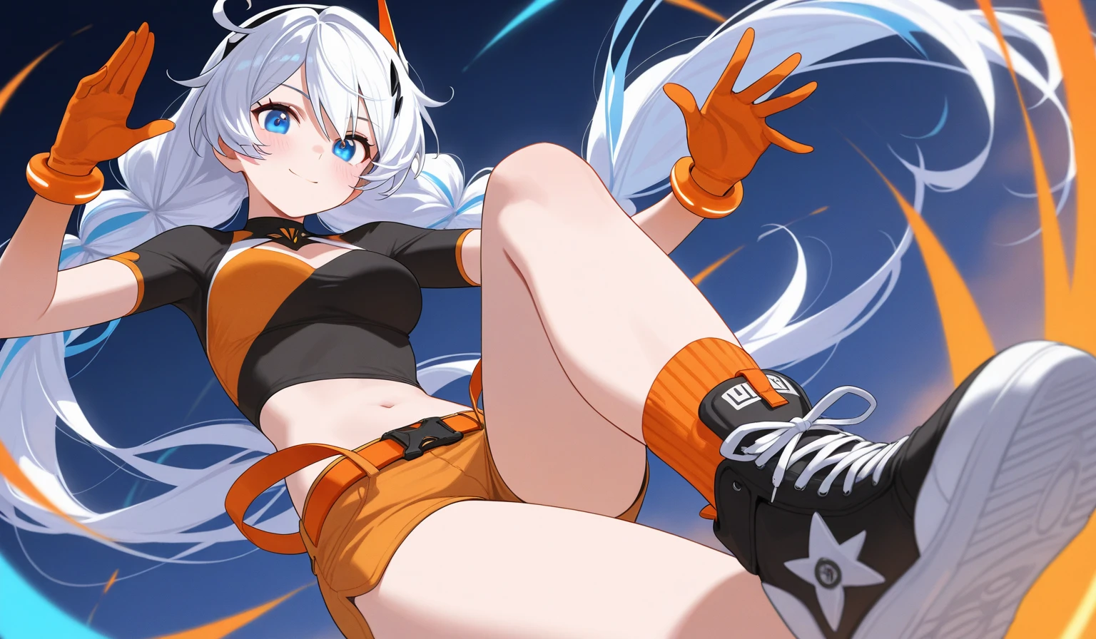 tmasterpiece,Best quality at best,ultra - detailed,iintricate,详细的脸,詳細な目,pretty eyes,1个Giant Breast Girl,cow boy shot,(Micro shorts, highlegpanties, open fly:1.4),(hoody, open hoodie:1.2),exercise well,fishnet stockings,raise both arms,Armpits,Grabbing the hair,long whitr hair,(floated hair, Colorful hair:1.3),Iridescent hair,(Heterochromia, eBlue eyes, red eyes:1.5),external,parks,Skysky,suns,The tree,jewelry,dynamicposes,dynamic angle,from the above,(full bloom, depth of fields:1.2),Style swirl magic,Tower