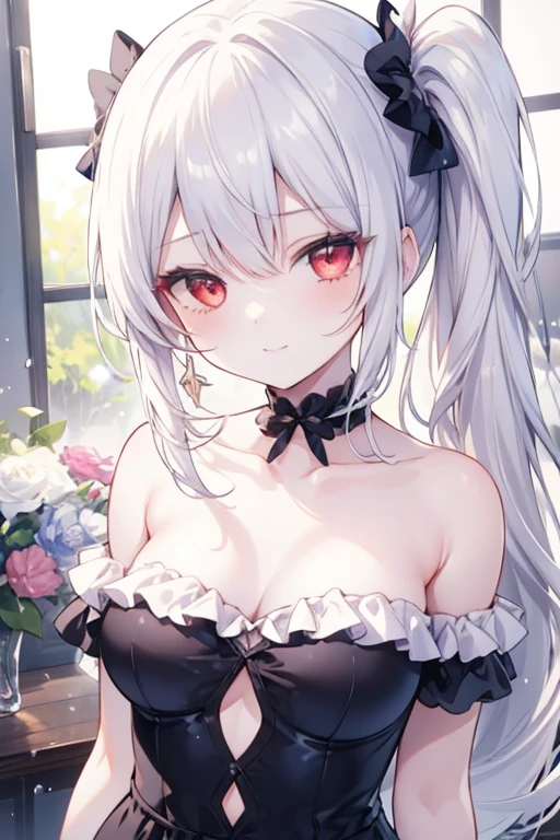 Best Quality, (Masterpiece:1.2), High Detailed, Cat Ears, 1girl, solo, tojo koneko, red eyes, white hair, short hair, hair decoration, cleavage, erotica, sleeveless, close-up, healthy skin, cowboy shot, outdoor, elegant clothes.