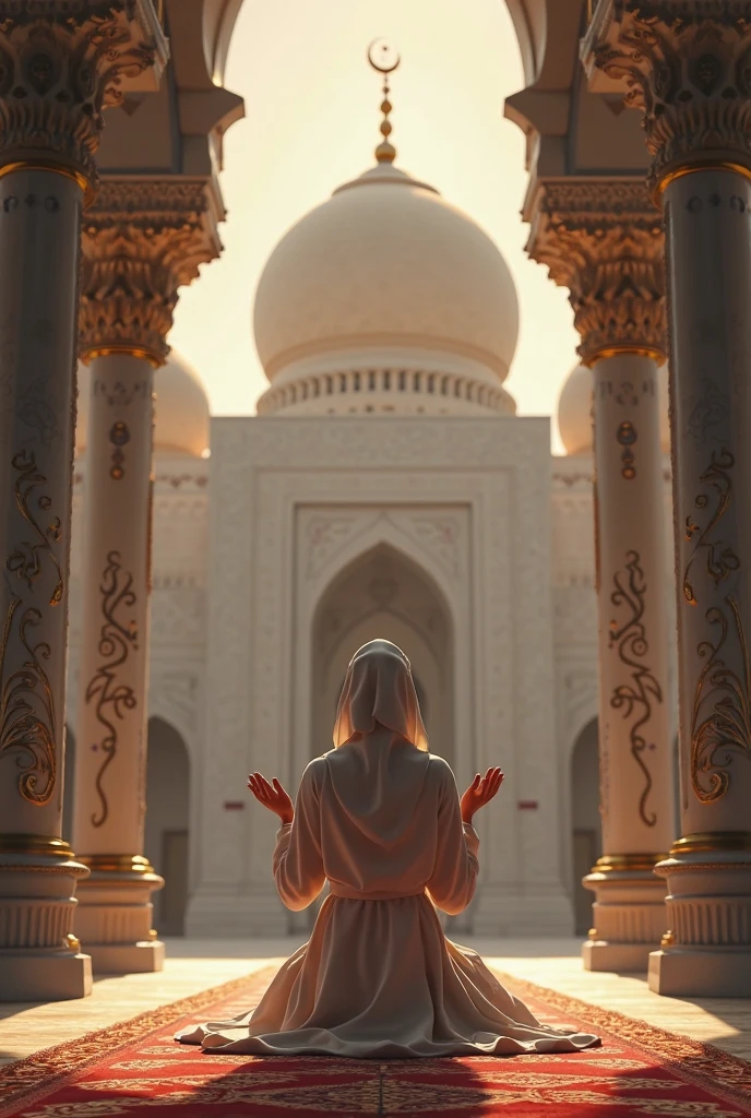 Woman in Hijab Praying: A woman in a hijab, with her hands raised in prayer, standing in front of a peaceful mosque. The words "Allah par Bharosa aur Imaan" are softly written, conveying faith and trust in Allah.