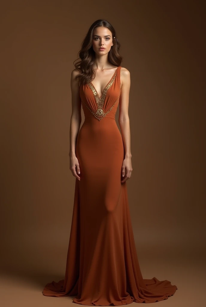 Strapless dress with sweetheart neckline, with a flared miniskirt, in copper color, almost red-toned, The hair hangs loose on one side and is tied up on the other., in a modern and natural arrangement. The eyes are well outlined, the shadow following the bronze theme. on the lips, just the gloss that makes them even more alive.