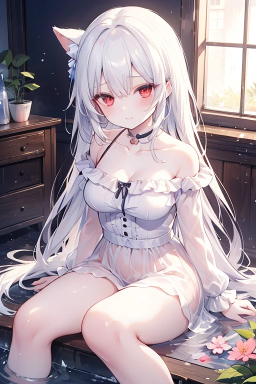 ((Masterpiece, Best quality))++, Detailed light+,  Detail hair+, detail hand+ ,1girll, woman, Long hair,   dark red eye,  Beautiful eyes, Young gray hair,,(Beautiful white hair:1.5),(Beautiful detailed eyes), ,    high resolution+,   Masterpiece,  , Glass tones, Reflective eyes,  {{Angle}} , extremelydetailedwallpaper, Original,full bodyesbian,Bedrooms,upper legs, Beth,starrysky,Issuing,,swim wears,,naturey