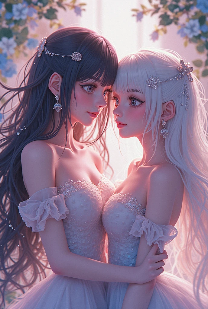 a pair of identical twin girls, face to face, full body, beautiful detailed eyes, beautiful detailed lips, extremely detailed eyes and face, long eyelashes, ethereal, mystical, soft lighting, cinematic composition, serene, peaceful, flawless skin, porcelain skin, detailed clothing, flowing dress, ambient lighting, pastel colors, dreamlike, fantasy