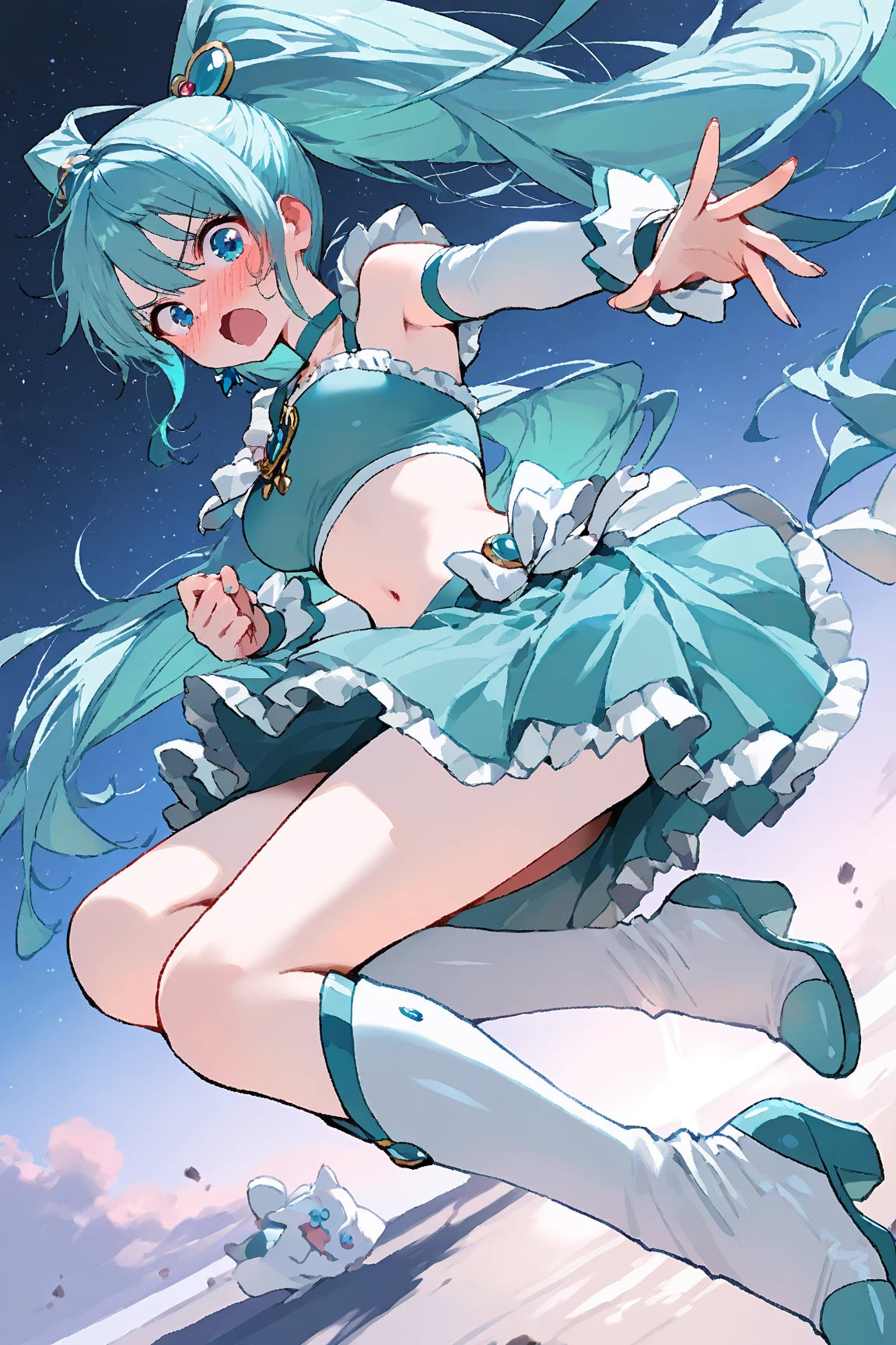black hair, hair bobbles, wince, longeyelashes, solid circle eyes, fake animal ears, light smile, ear blush, fang, Skirt that wraps hips, flat chest, Expose your little belly, Above Knees, High school girl, blue hair, light blue hair, drill hair, twintails, halo, jewelry, hairclip, hairpin, heart-shaped eyewear, white hairband, heart-shaped pupils, dilated pupils, gradient eyes, heterochromia, fingersmile, full blush, heart in eye, light blush, Surrealism, drop shadow, anaglyph, stereogram, tachi-e, pov, atmospheric perspective, anime style, cinematic lighting, from outside, from outside, atmospheric perspective, 8k, super detail, ccurate, best quality, UHD, anatomically correct, textured skin, ccurate, masterpiece, high details, high quality, highres, best quality