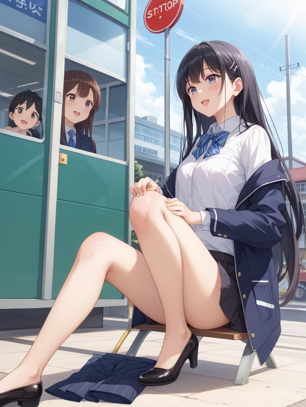 ((highest quality, 8K, Idol Master: 1.3, RAW photo)), sharp focus 1.1),,shibuya rin,beautiful face, ((fang))highly detailed face, (()),black hair straight()A big smile (school uniform 1.5), train station stairs,(show panties:1.1), from the front, idol boots,whole body