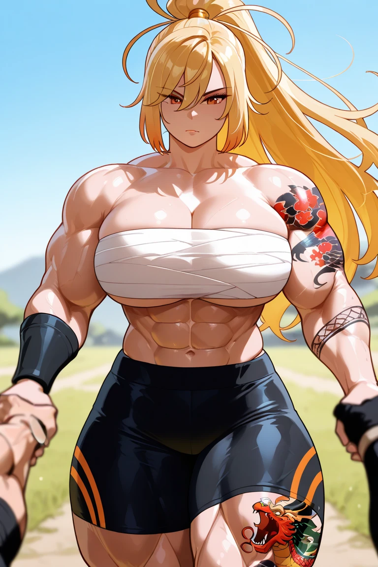 A2 Neil, long yellow blonde hair, muscular, messy hair, ((((ridiculously large breasts))), (ridiculously huge breasts: 1.5), (huge breasts)), big, green eyes, standing up, sarashi white breasts, sarashi, underboob, chest bandage, arm bandages
(insanely detailed, beautiful detailed face, masterpiece, top quality) volumetric lighting, tone mapping, (looks disgusted), Konosuba