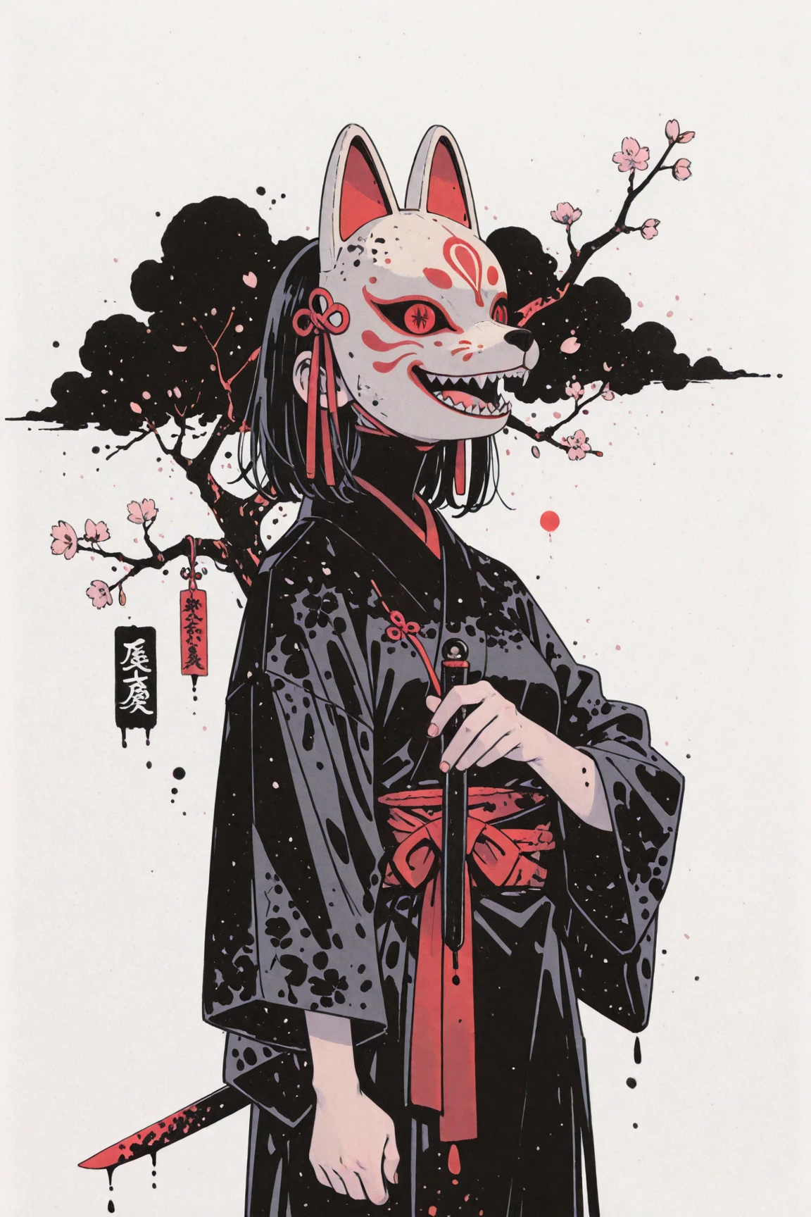 quiet night,In the dim space of a dream、A female hunter wearing a fox mask stands,A misty shrine,The hunter crouches and watches the dream world from the shadows and darkness,The posture is quiet and tense, with minimal movements,🦊The surface has a red or gold pattern on a traditional white background,Sharp eyes and a smiling mouth,Create a mysterious and eeriness,Japanese clothing and hunting clothes、The costume is in muted colors such as black with crimson accents,Clouds on the hem and sleeves、Wave、Adding Japanese patterns such as lightning,knives,Japanese-style objects such as talismans and magatama float around the hunter,knivesの鍔や鞘に狐の意匠をあしらう,Expressing the darkness of a dream,A faint mist or shadow at the feet、Floating Light（Wisp and fox fire）Place,Cherry blossoms falling around the hunter 、Dancing scraps of talismans、Adding tranquil movement,The eyes behind the fox mask cannot be seen,The red glow emphasizes the eeriness,illuminates only part of the moonlight and blends into the dark except for her face and hands,The pale light and red accents create an atmosphere that blurs the boundary between dream and reality,Making use of white space and shadow,  ink manga  ,   Manga Drawn with Ink    , Japanese mourning kimono  ,  Mixed ink and manga style ,  ink paint style,     Ink Artwork    ,万年筆  ink manga  , Ink drawing, Draw with a brush  ,  Contrast between details and blur , Black Ink Paintings  , Ink drawing,  Japanese ninja costume ,  afterimage,  blurry background,Ninjutsu production,character design art