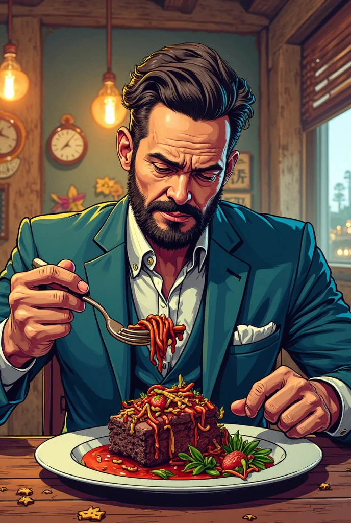 (8k, ultra-fine, original photo: 1.2), (realism: 1), (realistic: 1), (1 male holding hamburger: 1.2), (standing), (portrait: 1.2), (40 years old: 1.2), (evil smile: 1.4), (attractive, ridiculous: 1), (indoor, laboratory, black smoke, blood, hamburger, 1.2), hamburger in hand (beard: 1), (brown hair), (clothes blood, laboratory blood, clothes tears, Clothes torn: 1.2), frontal portrait,