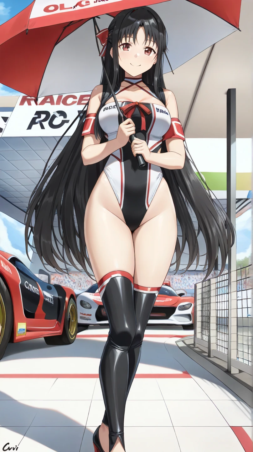 A woman wearing a long red leather coat, open coat, wearing a black bikini, eye red, black leather boots, race queen, sunglasses, black hair, long hair, ahoge, smiling, big breasts, standing on a running track, wide view of a lawn, concrete track, a black racing car in the background, red car, perfectly, smiling car, night place with lighting, UHD , prime work , accurate , anatomically correct , textured skin , super details , high quality , best quality, 8k, high resolution, bokeh effect. (woman alone), close view.