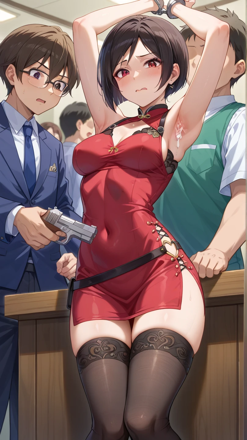 mai shiranui,, 、score_9, score_8_upper, score_7_upper, score_6_upper, score_5_upper, score_4_upper、Inspired by Japanese manga style, Manga style, How to draw manga, Digital drawing, An 8K masterpiece depicting a Japanese manga about girls in their twenties, Act as a slave, Anguished expression, A gesture of defeat, Torn clothes and black jilbab, Chained collar, spread, . Surrounded by a crowd of women. Face full of scars、Skin shiny with sweat、、 crying wet bursting out eyes, , ultra-detailed eyes,,expression of despair,Illumination that emphasizes shiny sweat{{{Spread }}},Infuriated, bandaid on face,tatteredclothing、full body,
. Six Pack Abs. Teary-eyed、Heartbroken、sniffle、downcast