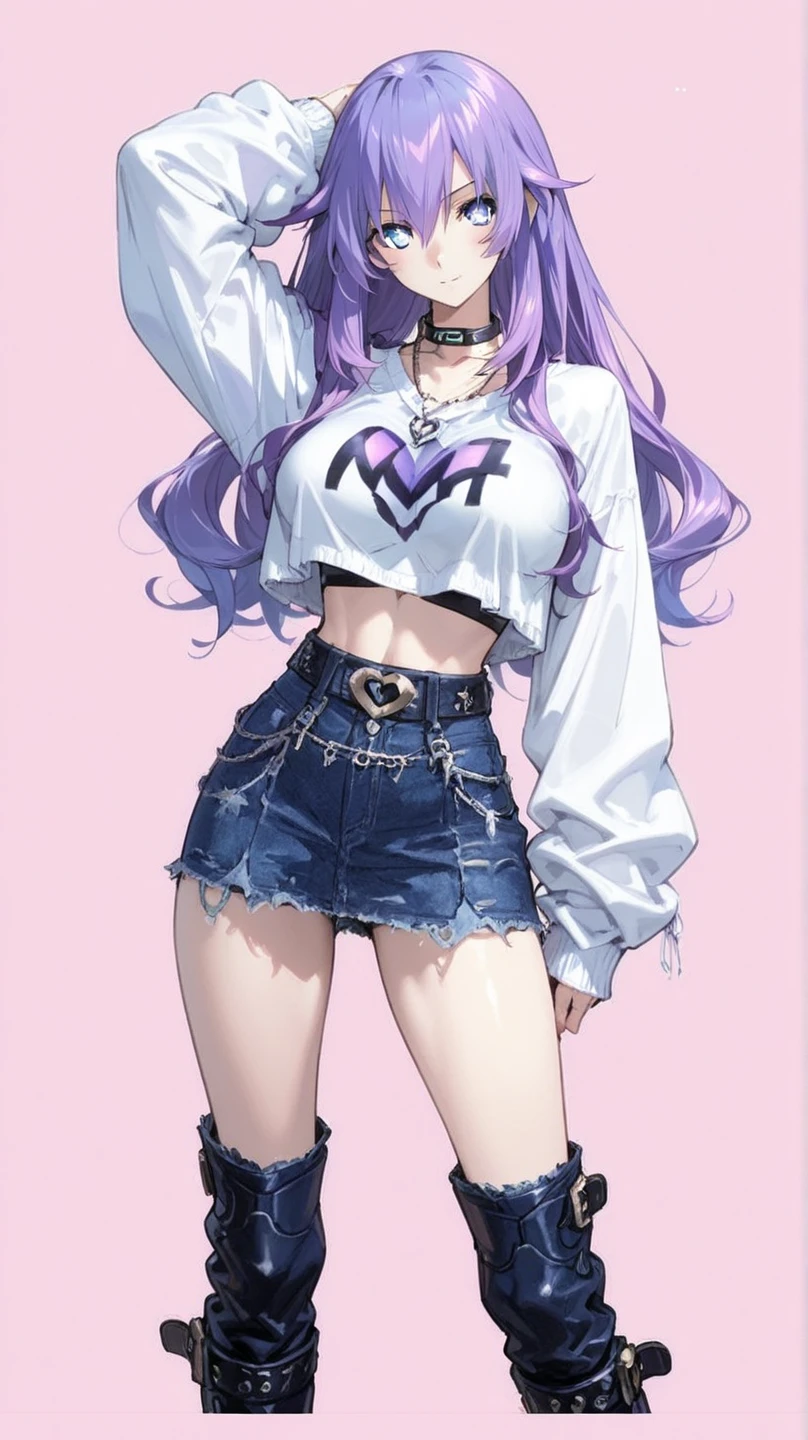 Game sprite of a mature woman with long wavy violet hair, drill curls, side bangs, and sharp blue eyes. She's wearing a black crop top shirt, short denim pants, fishnet stockings, and black headband. Standing up straight, white background.