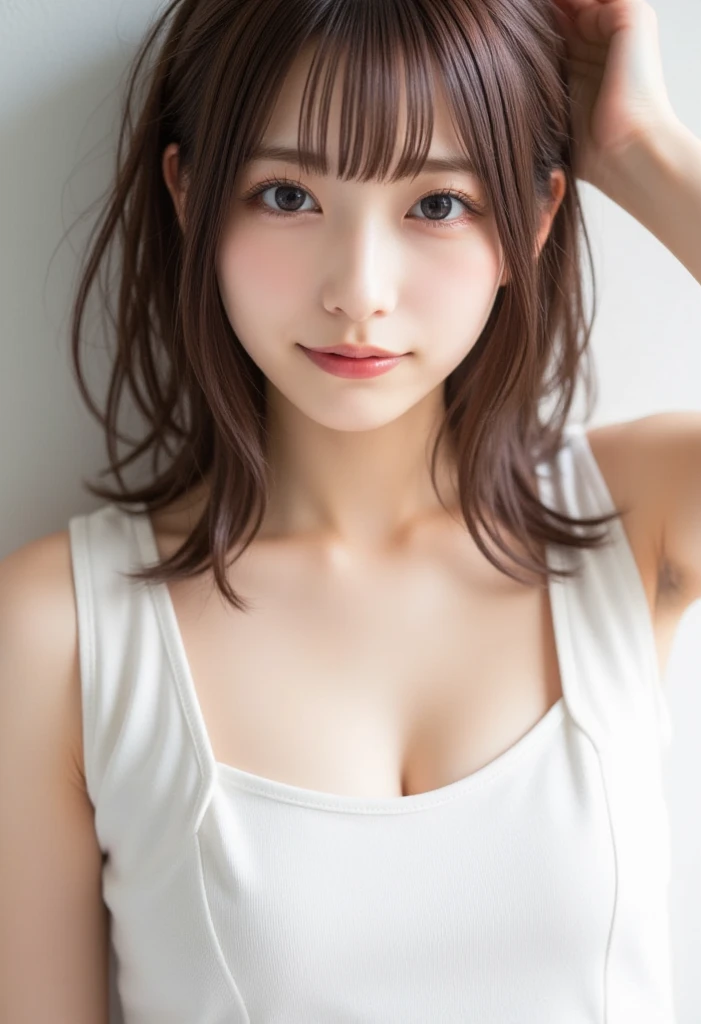 Highest quality, Realistic, 8k, High resolution, 1 girl, woman, (Skin Dentition), (Portraiture: 0.6), nice, (White Background: 1.82)), ((Big round breasts, Sleeveless white T-shirt: 1.75)), Straight Viewer: 1.8, (1 girl Eyes, Medium length hair, Brown Hair, Parted bangs : 1.65), Realistic, (Bokeh), (Mouth closed: 1.46), nice, Pure Eros Face_v1,((Natural big breasts:1.6)),((Upper Body))