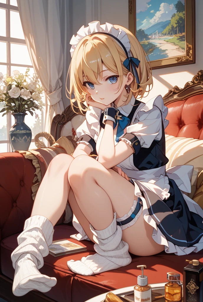 Anime girl sitting on sofa, blue dress and blue shoes, loli in dress, surreal schoolgirl