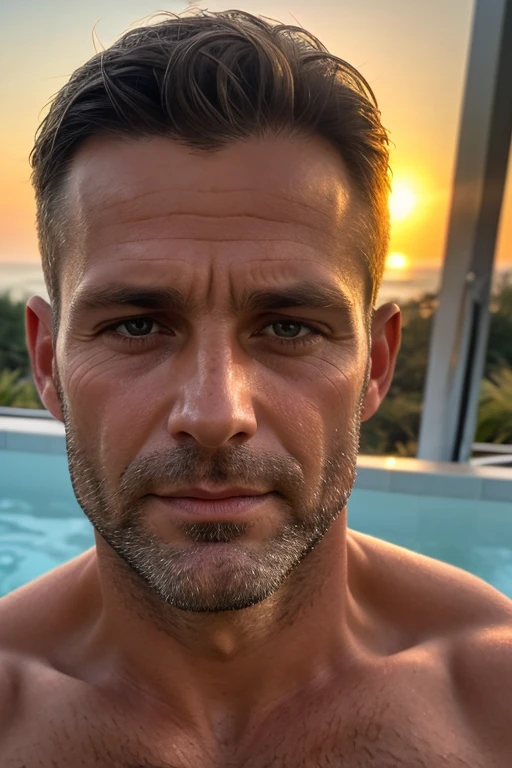 masterpiece, best quality, high resolution, closeup portrait, male focus, solo focus, A man, 45 years old, grey hair, bleached blonde hair, in speedo, grey silver hair, messy hairstyle, cute and seductive face, old but attractive, bare chest, body hair, hairy armpits, facial hair, pale skin, sun freckles, roman nose, very skinny body, hairy legs, cute, white chest hair, very hairy chest, dimples, scruffy beard, very hairy armpits, bold jawline , sweaty, in the background a beach on a cloudy day, view from below, amazing composition, front view, HDR, ultra quality, elegant, highly detailed