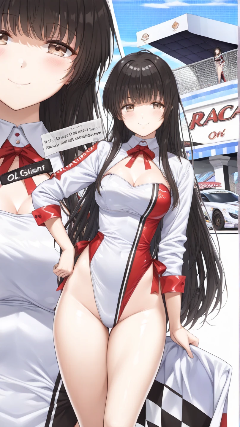 uma mulher de 20 anos、wet dress、large full breasts、Biomechanical OPPAI, opal proportions, shy smile、 Knee socks, adult woman, (when in the sheaths:1.3), Long wavy hair、dark brown hair, a miniskirt, (shiny skins), eyes browns, Kamimei、Long wavy hair、swollen、up skirt、Swollen hips、Large earrings、a necklace、 (participate in a motorsport race)+, sexy hips、Kamimei、Chest opening、Chest Emphasis Pose、panties pink、Pink lace bra