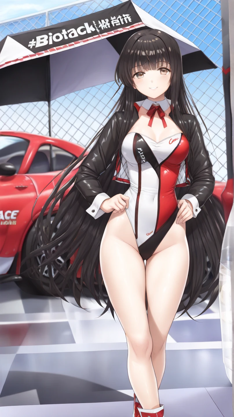 A woman wearing a long red leather coat, open coat, wearing a black bikini, eye red, black leather boots, race queen, sunglasses, black hair, long hair, ahoge, smiling, big breasts, standing on a running track, wide view of a lawn, concrete track, a black racing car in the background, red car, perfectly, smiling car, night place with lighting, UHD , prime work , accurate , anatomically correct , textured skin , super details , high quality , best quality, 8k, high resolution, bokeh effect. (woman alone), close view.
