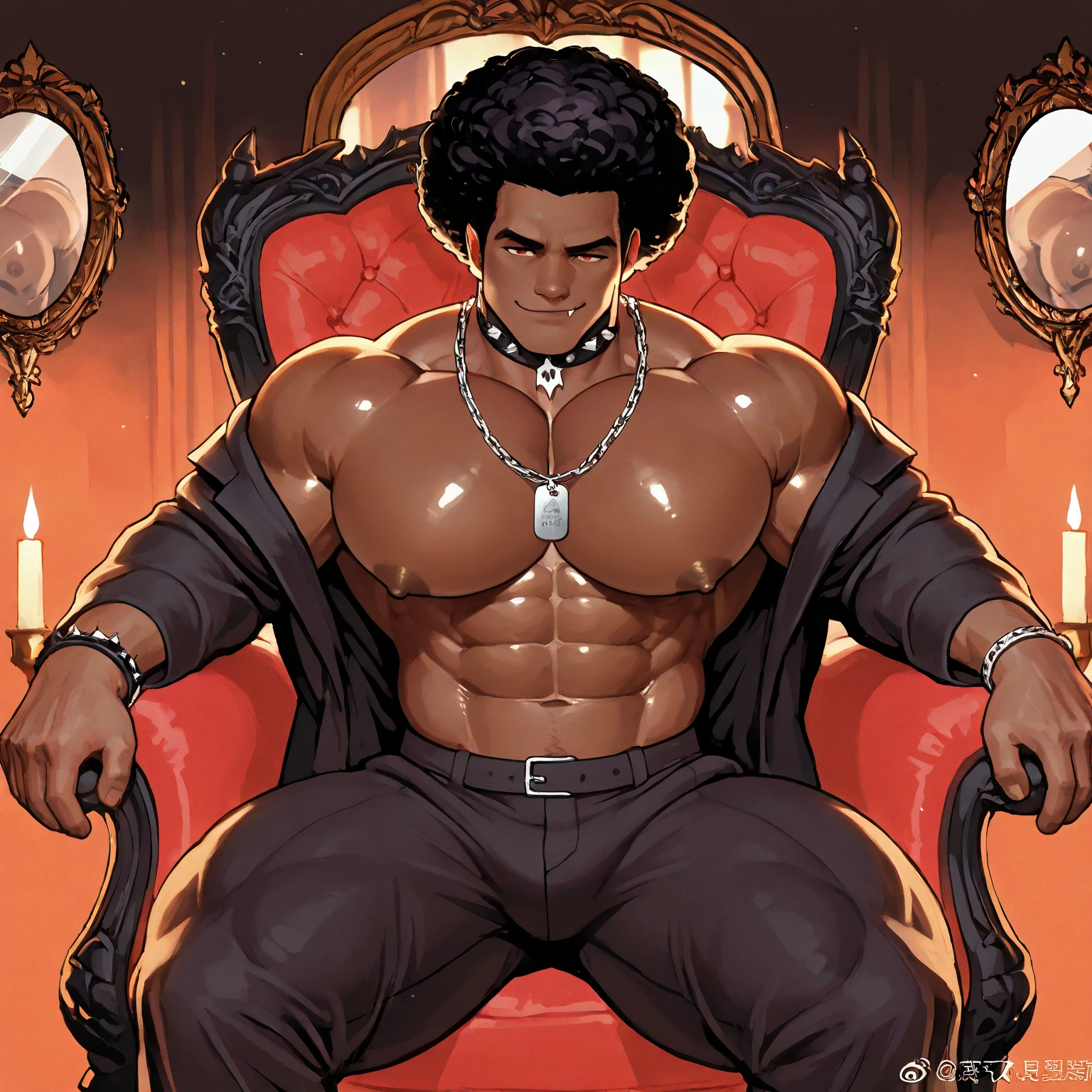 18 years old black man, chubby, fat, obese, thong, huge belly, very thick arms, thick thighs, golden jewelry, dreadlocks, vascular, veiny hands, ((absurdly dark skin)), thick lips, chubby face, absurdly huge bulge, absurdly huge hanging pecs, huge nipples, thug, sweat, blush, solo focus, seductive smirk, heavy gold chain necklace, looking at viewer, romantic, lying on back in bed, from above, rose petals, love hotel, boudoir, red pillow, candlelight, red candles, inviting, lustful gaze, full body, spread legs, hairless body,