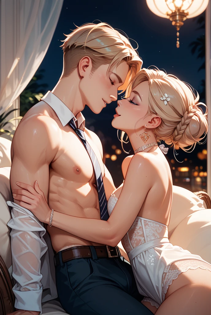 High-quality images of couples: blond man (Tall、Statue-like、Handsome and、Brave young man、Blue eyes、Curly golden hair、Wearing a grey antique military uniform) A woman with black hair (long straight black hair、Long Bangs、Blackberry eyes、A beautiful young femme fatale、naked、PRİNCESS、Hugging。They are in love with each other。Created by Boris Vallejo「Ideal ???????」The sketch of、It is characterized by being very detailed.。masterpiece、Detailed study of the face、Beautiful Face、Features of Beautiful Face、Perfect Image、Realistic shots、Detailed study of the face、Full body image、8k、Detailed Images、Highly detailed illustration、A true masterpiece of the highest quality、Careful drawing。Bare Skin、Gown and naked watercolor、
Watercolor Gothic、Romance Black Panties、

Large drops of sweat、Dripping Sweat、A look of ecstasy as she spreads her legs wide、Fierce love