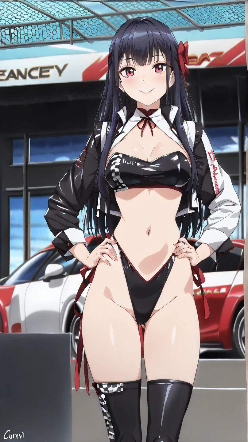 A woman with an open red coat, wearing a black bikini, full breasts, long black hair, red eyes, on a race track, at night, smiling, race flags, race cars in the background, illuminated place, ultra resolution, very detailed , masterpiece, 2k hd.