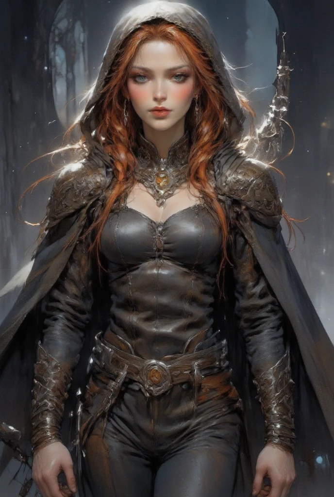 a female portrait of a hyperdetailed in the style of a dementor from harry potter and a rogue dnd character,ginger hair, (pleasant:1.3) thoughtful expression, full body, conjuring magical energy, cinematic shot on canon 5d ultra realistic skin, Fabian Perez Henry Asencio, Jeremy Mann Marc Simonetti fantasy magical horror atmosphere, (highly detailed environment:1.3)