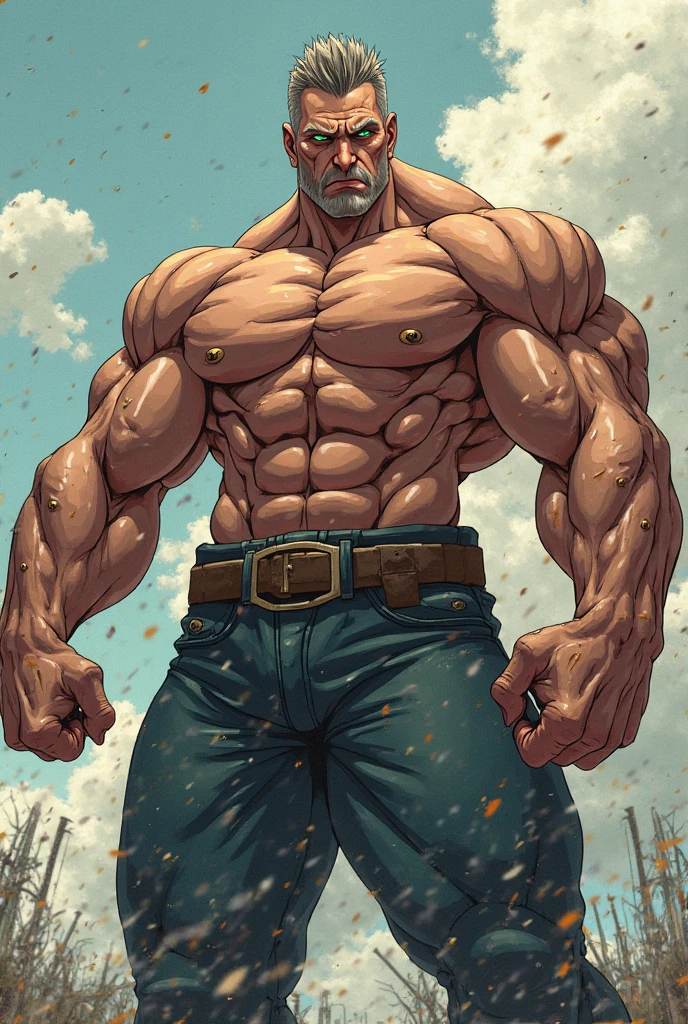 Shirtless and wearing white pants、A 35-year-old Japanese, bare-chested, skinny physique athlete with a shaved head, black belt and moustache is leaning his back against a wall in a dimly lit dojo.,Oblique front view from the waist up,Put your hands in your pockets,sweat flowing,Open your mouth wide,His whole back is against the wall,staring straight ahead,A fierce look